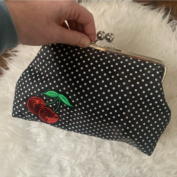 sweet black polka dot clutch bag with sequin cherries design, kiss clock close - Picture 3 of 14